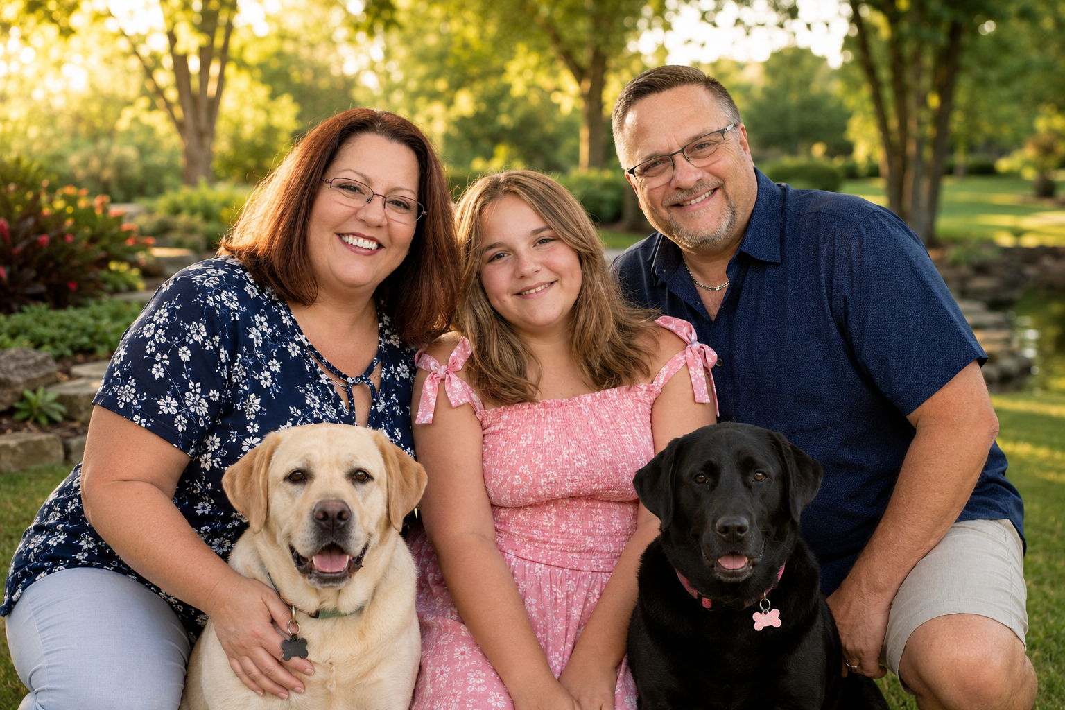 Heather, Joe, and their daughter Sydney with dogs Midnight and Baxter
