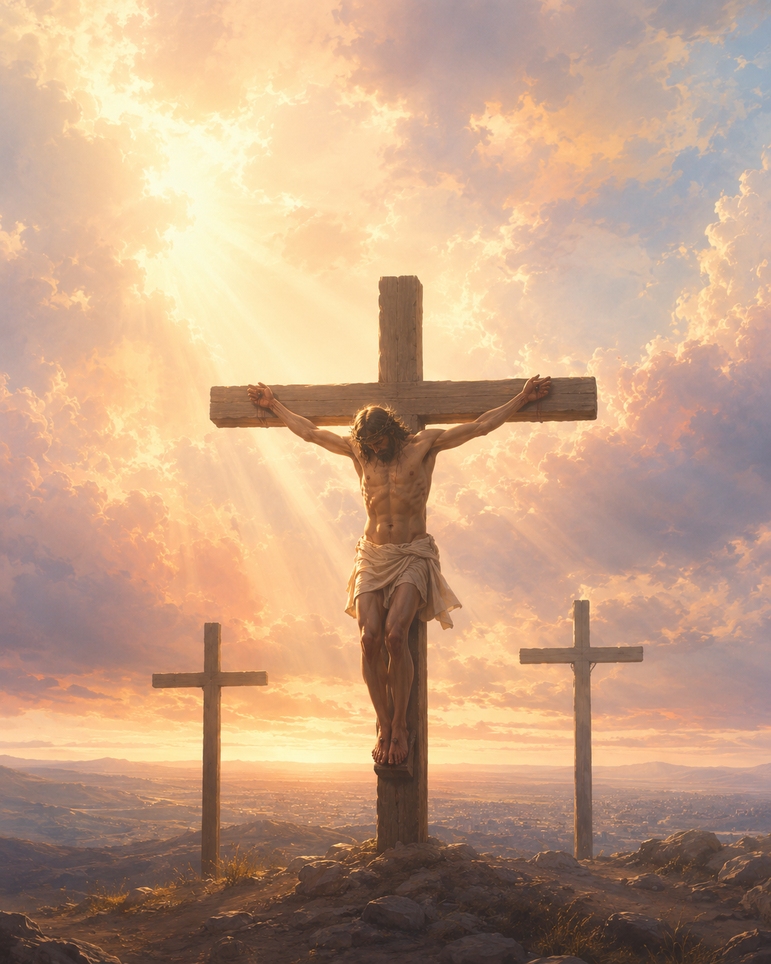 The Crucifixion — three crosses at sunset